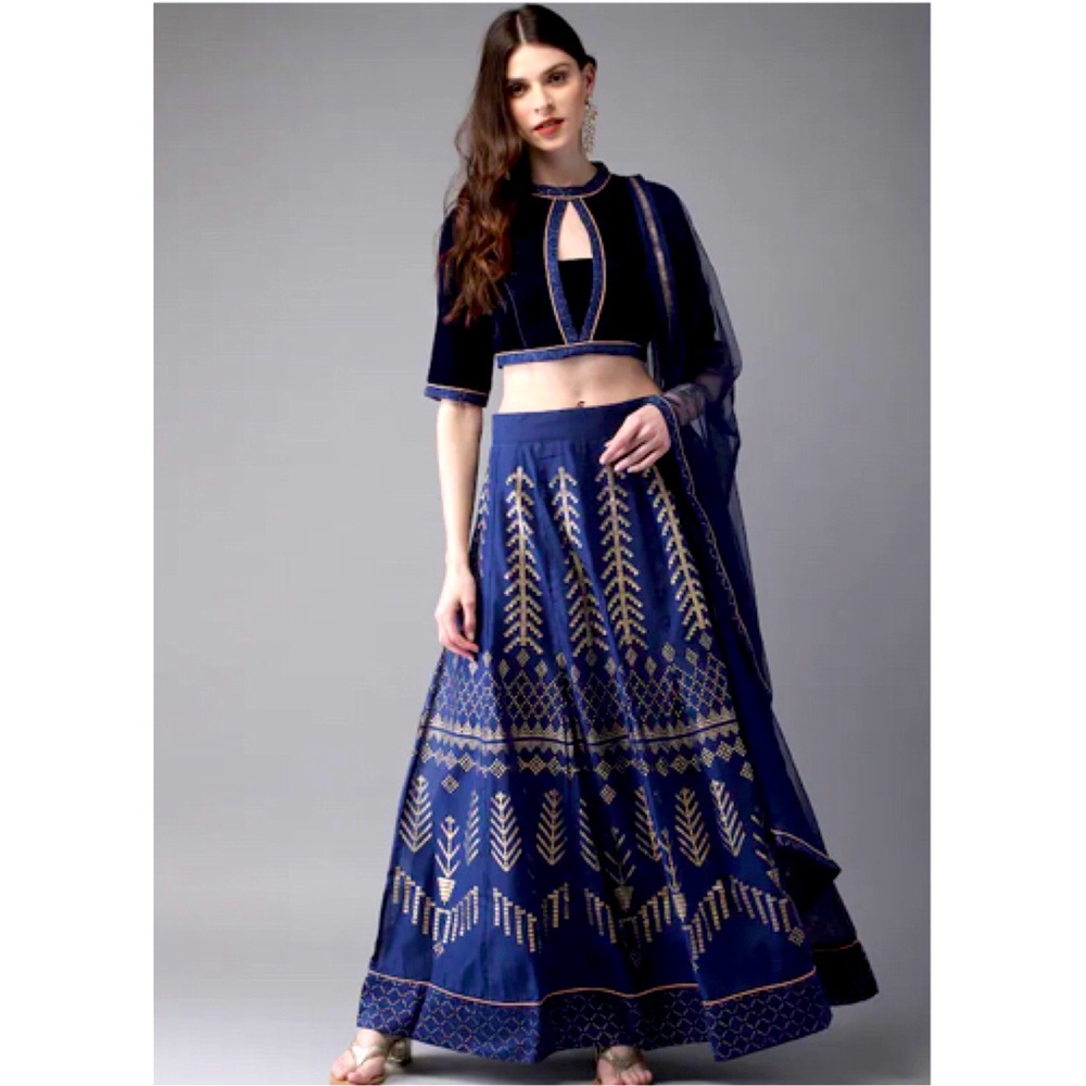 Anouk Navy Blue Velvet and Gold Skirt and Blouse